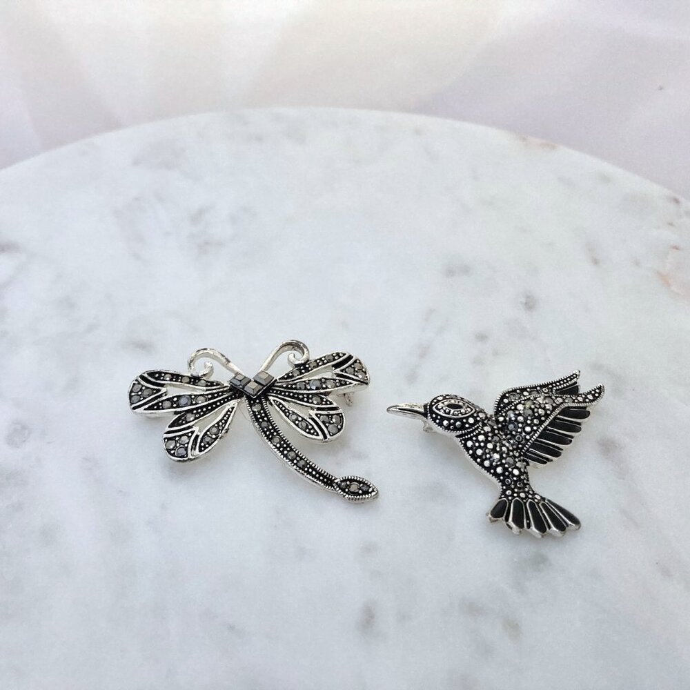 Whimsigoth Silver Tone and Black Hummingbird and Dragonfly Brooches